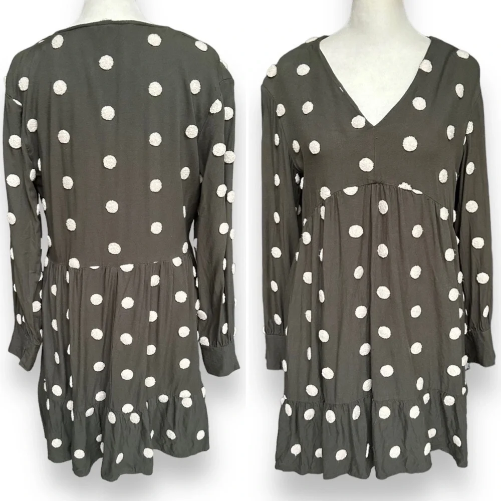 Zara Khaki Green Embroidered Polka Dot Long Sleeve Baby-Doll Dress | Medium - Picture 4 of 14